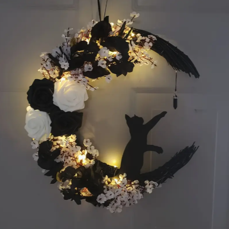 🖤 Gothic Halloween Cat Moon Wreath – 14" Black &amp; White