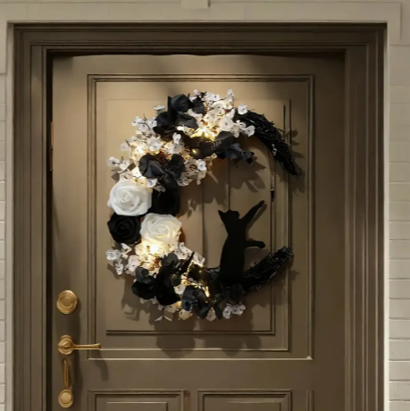 🖤 Gothic Halloween Cat Moon Wreath – 14" Black &amp; White